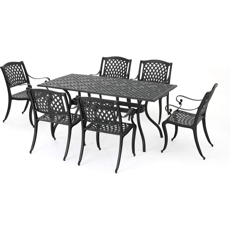 Roomfitters 6-Person Rectangular Cast Aluminum Outdoor Dining Set with 63" Table, Elegant Weather-Resistant Style, Black