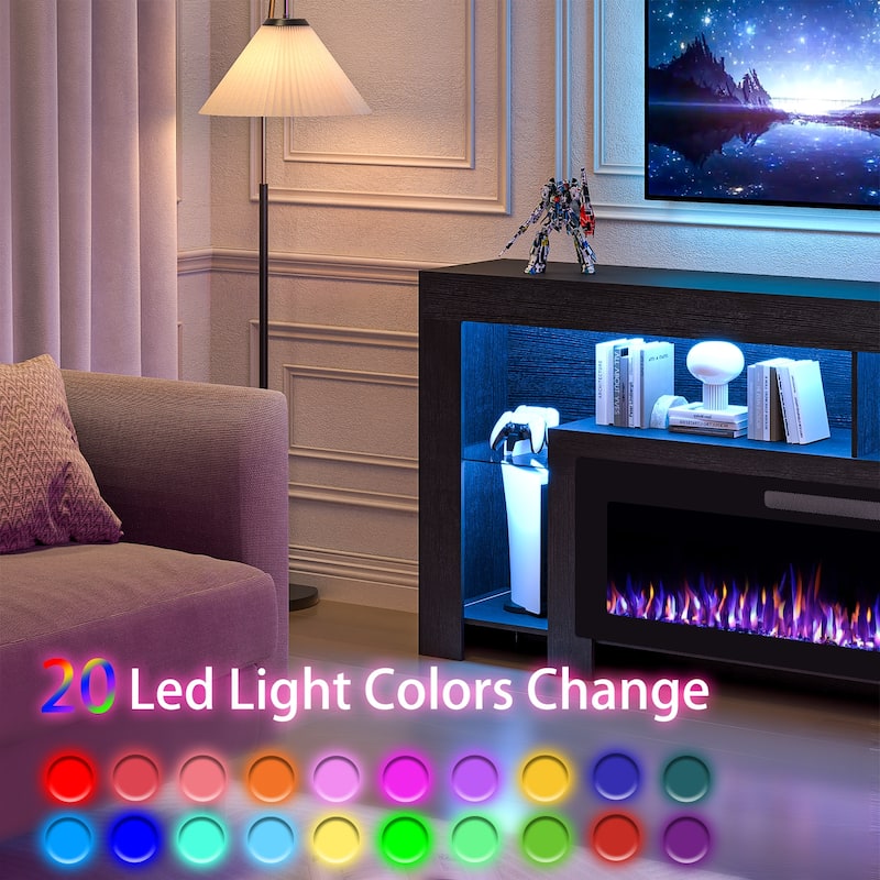 BOSSIN 82" Electric Fireplace TV Stand Entertainment Center, High Gloss with LED Lights, Holds TVs Up to 90 Inches, White