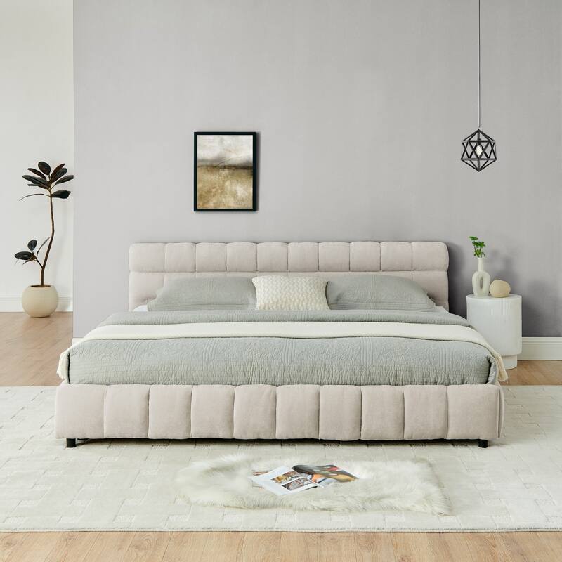 Block Thick Chenille Low Profile Platform Bed Fabric Upholstered Bedframe with Headboard Solid Wood Frame - Optional Storage Bed