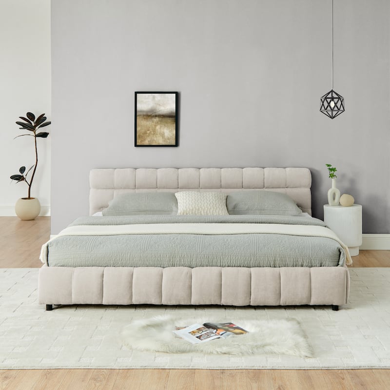 King Size Chenille Upholstered Platform Bed with Headboard and Storage Drawers