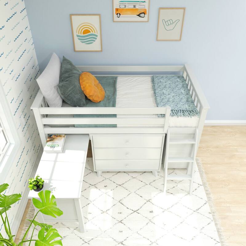 Max and Lily Twin-Size Low Loft with Pull-Out Desk and 3-Drawer Dressers
