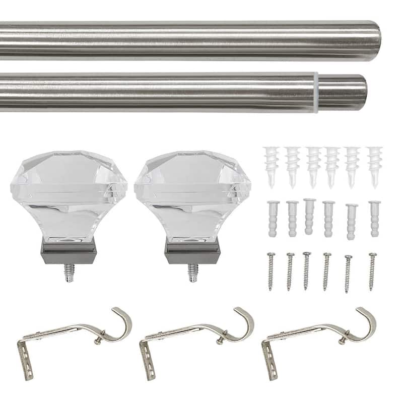 Lumi 1" Single Curtain Rod Set Brushed Nickel- Acrylic Square finials - 72"-144" - Brushed Nickel