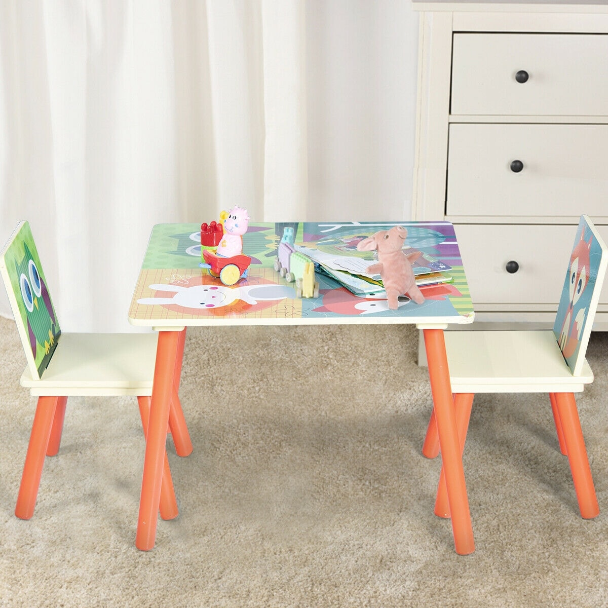 Kids Table and 2 Chairs Set For Toddler Baby Gift Desk Furniture Cartoon Pattern 