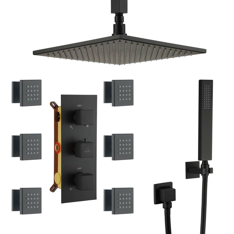 Celling 12 inch LED 3 Function Thermostatic Shower System with 6 Body Jets