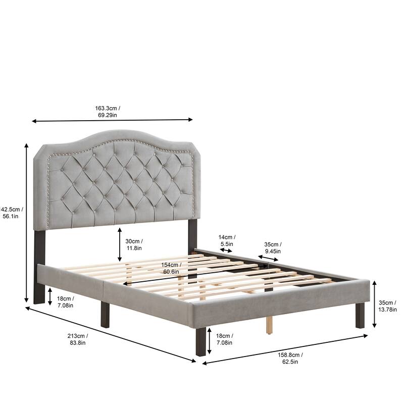 Gray Queen Button Tufted Platform Bed with Strong Wood Slat Support