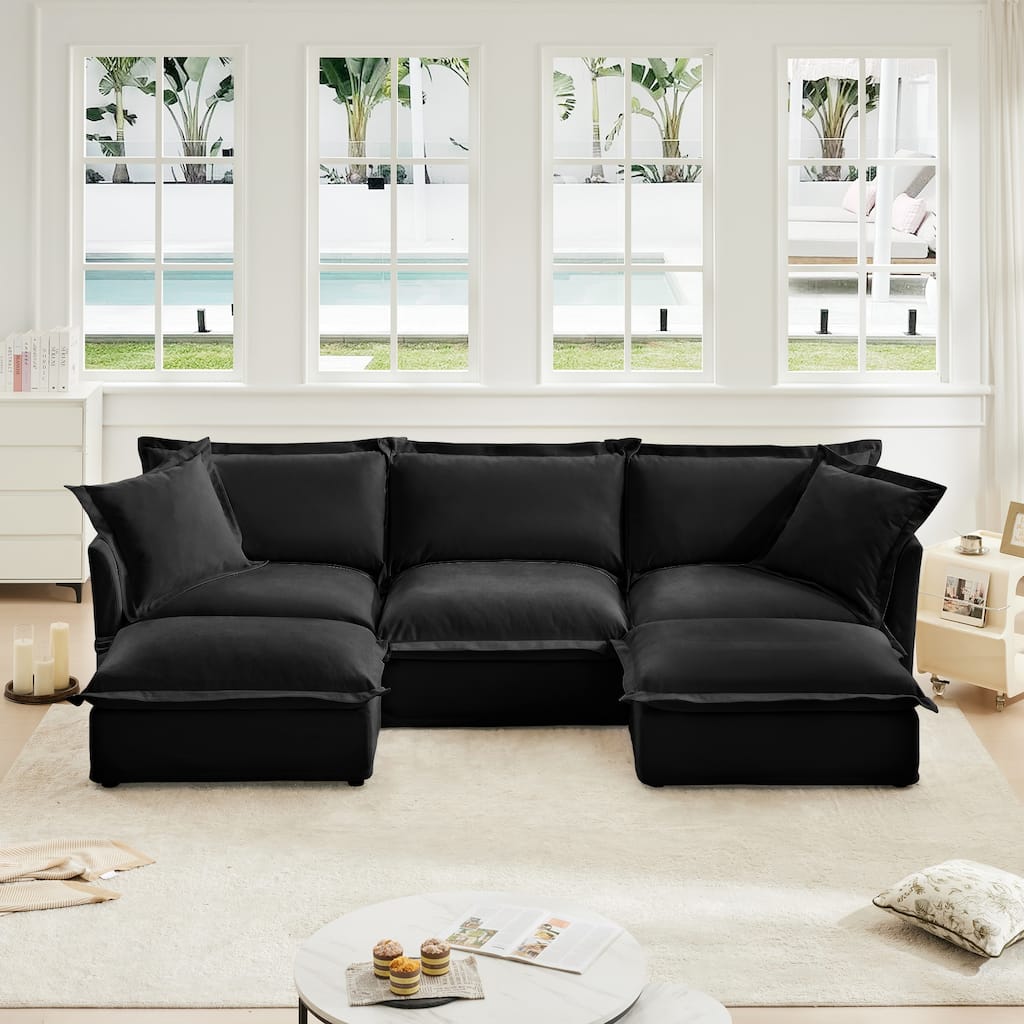 Slipcovered U Shape Sectional Deep Seat Sofa Couch, 3 Seater Sofa with French Edges Design Multiple Big Pillows