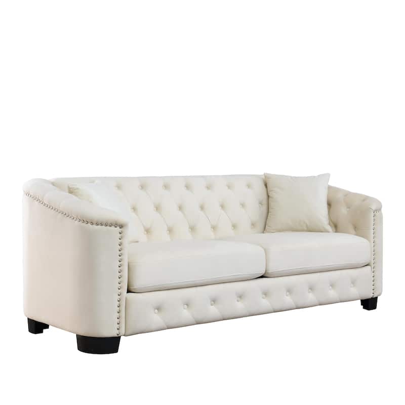 3 Seater Velvet Upholstered Sofa with Tufted Back and Nailhead Arms