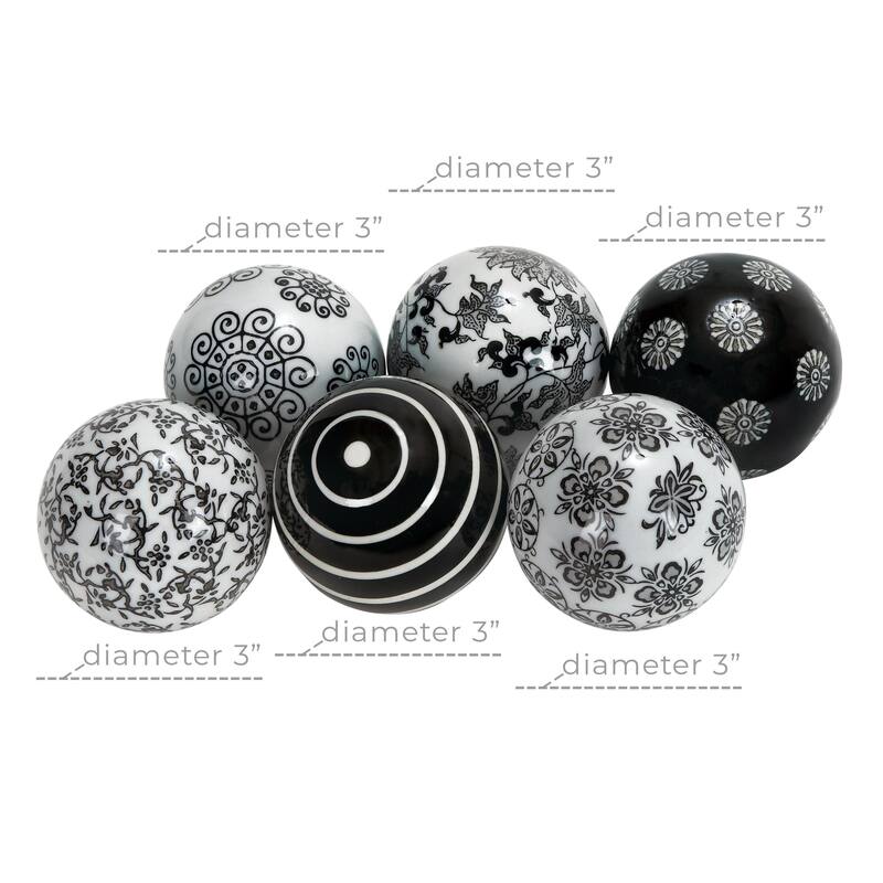 Ceramic Floral Handmade Glossy Decorative Orbs & Vase Filler with Varying Patterns - Set of 6 Black or Blue - Roche River Decor