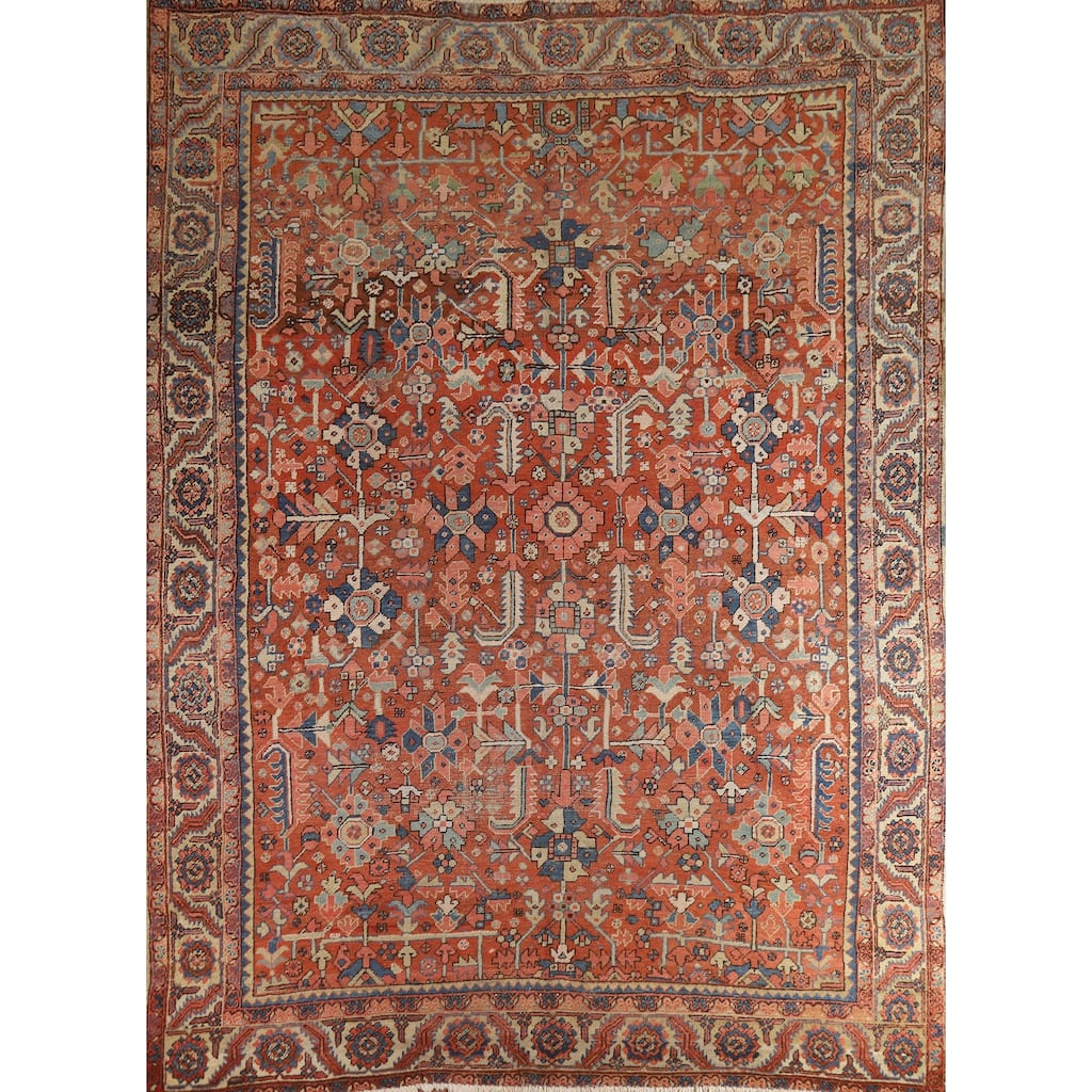 Hand Knotted Oriental 100% Wool Carpet Traditional Geometric Oranges & Rust Heriz (serapi) Area Rug - 11' 10'' X 9' 5''