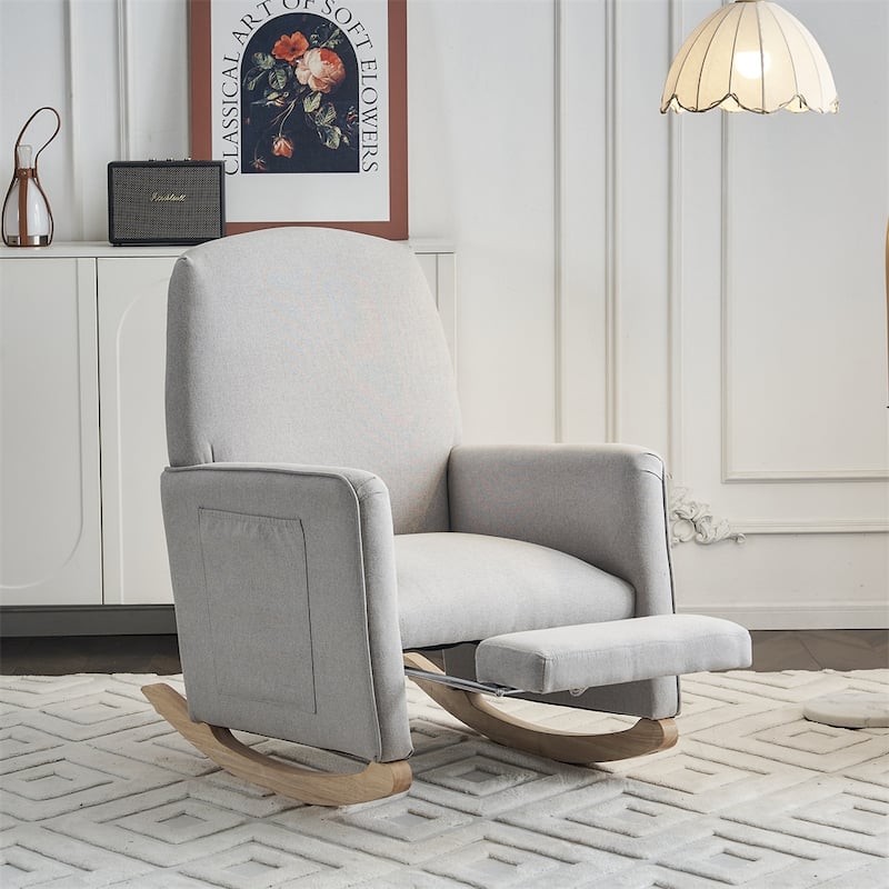 Cotton Linen Fabric Rocking Chair With Adjustable Footrest