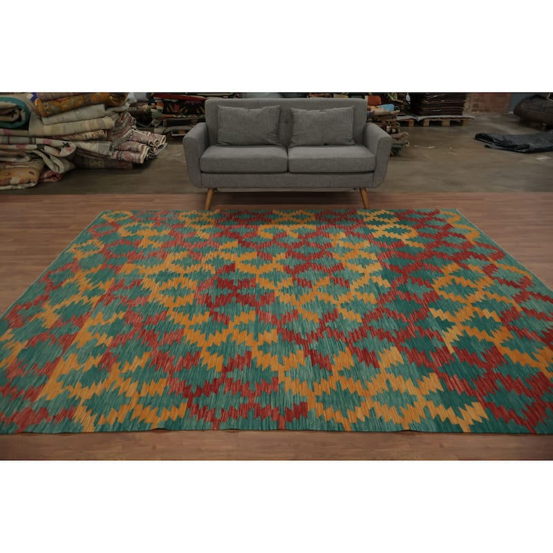 Hand Woven Oriental 100% Wool Carpet Southwestern Modern Green Kilim Area Rug - 9' 10'' X 8' 3''