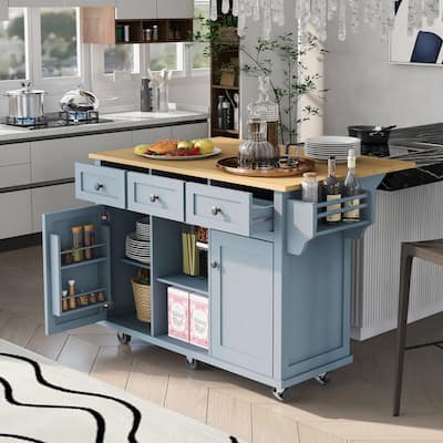 53 in. Rubber Wood Drop-Leaf Countertop Kitchen Island on 5 Wheels with Storage Cabinet and 3 Drawers - 53''