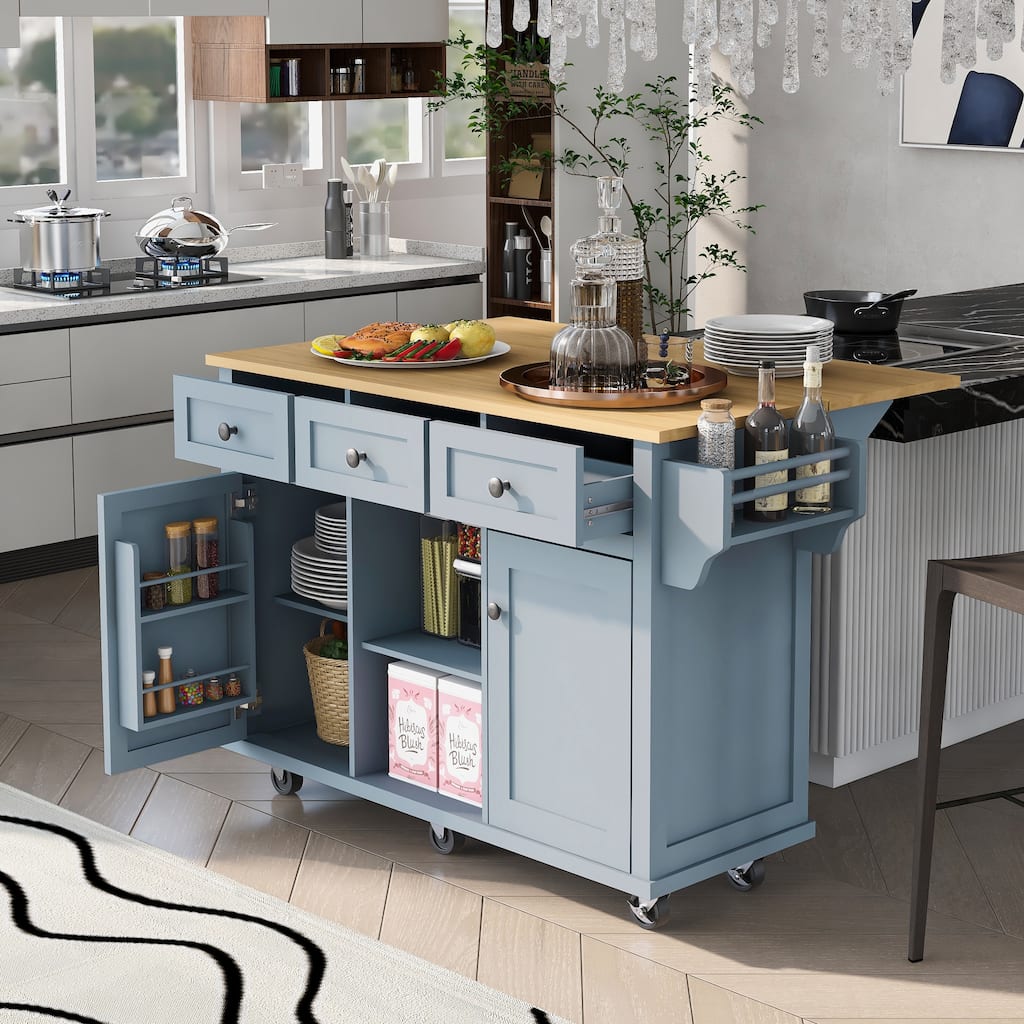 53 in. Rubber Wood Drop-Leaf Countertop Kitchen Island on 5 Wheels with Storage Cabinet and 3 Drawers - 53''