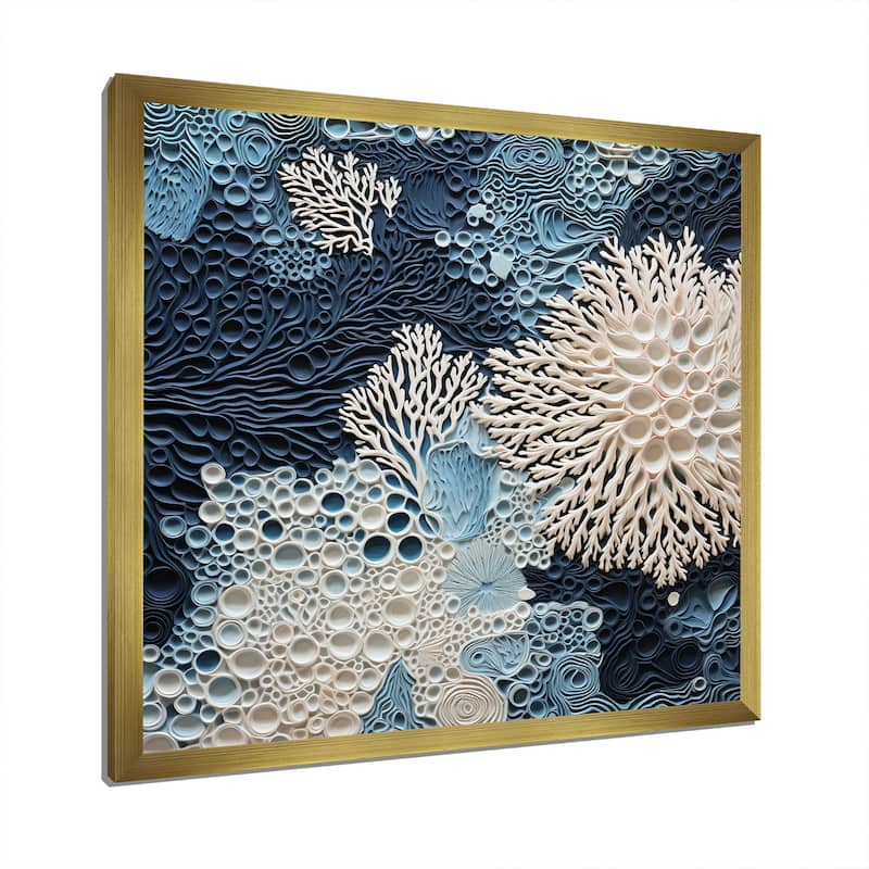 Designart "Under Water Blue And White Corals Collage" Coastal Framed Canvas Wall Art