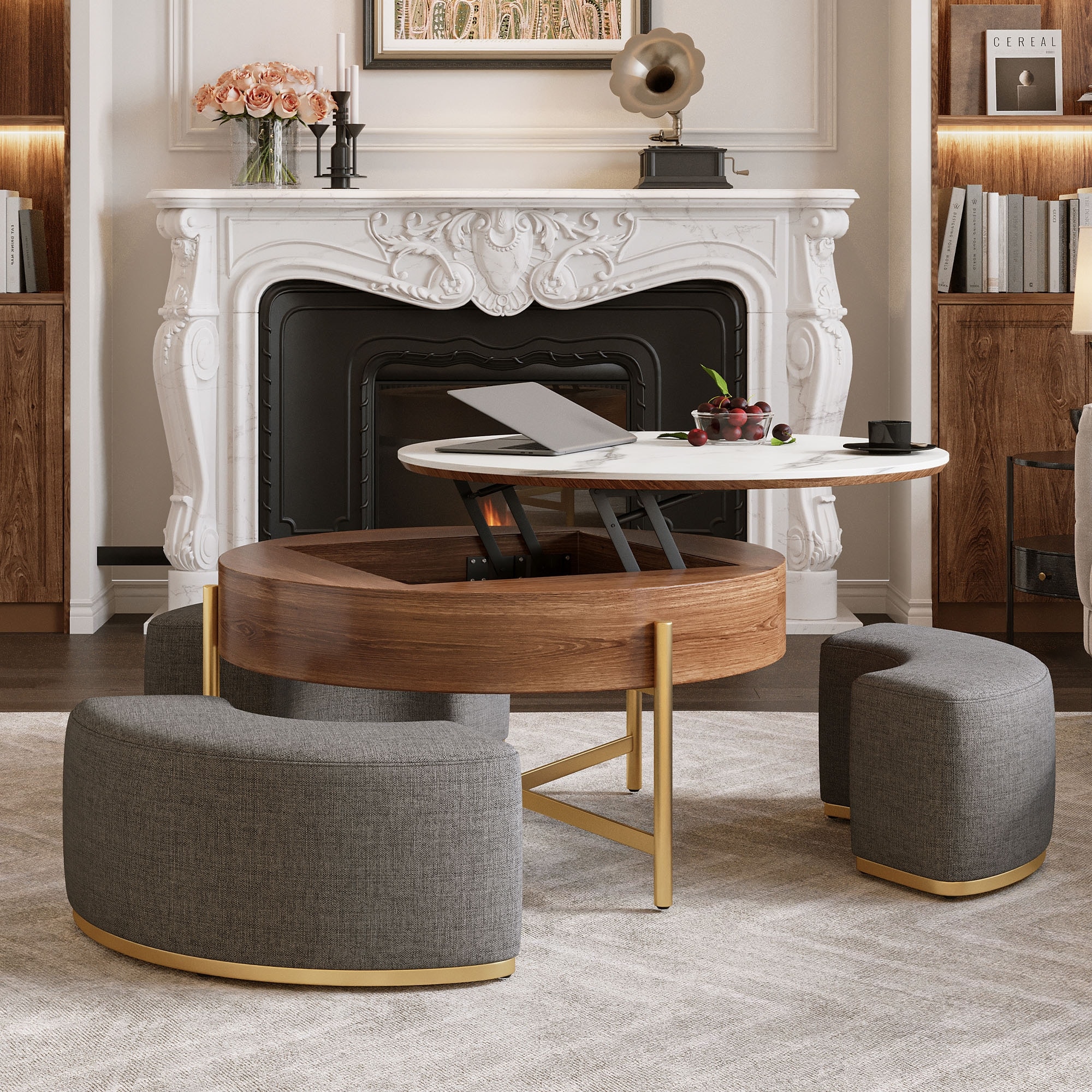 Modern Lift-Top Round Coffee Table with Hidden Storage \u0026 Metal Legs, Living Room Center Table w/ 3 Upholstered Nesting Ottomans, image size:2000x2000