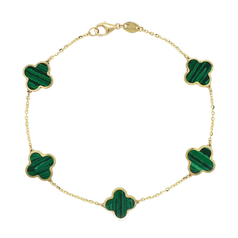 Italian Gold 14K Yellow Gold Clover Gemstone Bracelet - Made in Italy 10mm Clover Size - Malachite