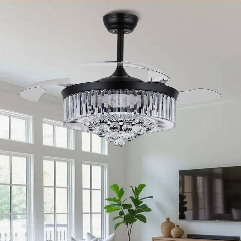 Kviflon 48'' Crystal Ceiling Fan with Lights and Remote 6 Speed, 3 Light Change Retractable Blades Chandelier Ceiling Fan - Black