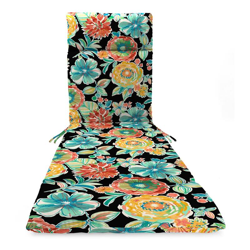 72" x 22" Black Floral Outdoor Chaise Lounge Cushion with Ties and Loop - 72'' L x 22'' W x 3.5'' H