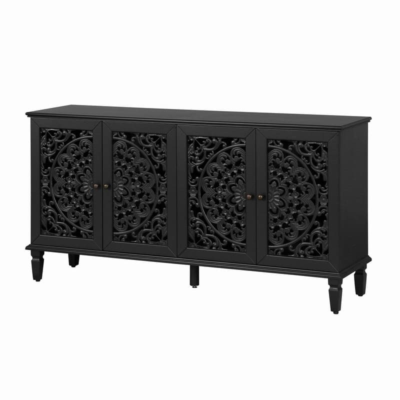 60" Antique Buffet Sideboard with Floral Carvings Solid Wood Legs and Adjustable Shelves for Versatile Storage
