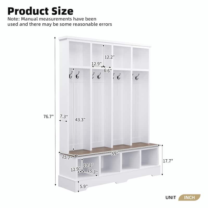 Farmhouse 59" Wide Hall Tree with 8 Hooks - Modern 3-in-1 Entryway Bench