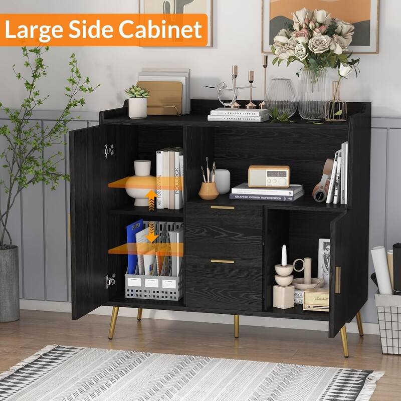 40 Inch Kitchen Microwave Cabinet with Storage and Drawers, Floor Standing Sideboard, Black