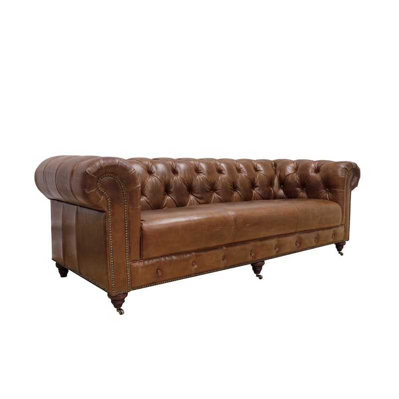 Pasargad Home Paris Club Chesterfield Genuine Leather Sofa, Brown - W88"xD35"xH29" - Brown