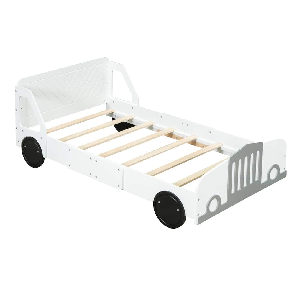 Car-Shaped Platform Bed with Wheels Suitable for Children
