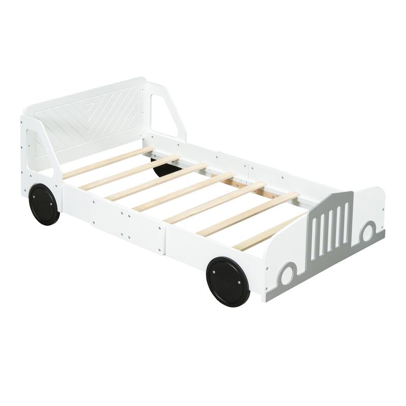 Twin Wooden Car-Shaped Platform Bed with Wheel Support