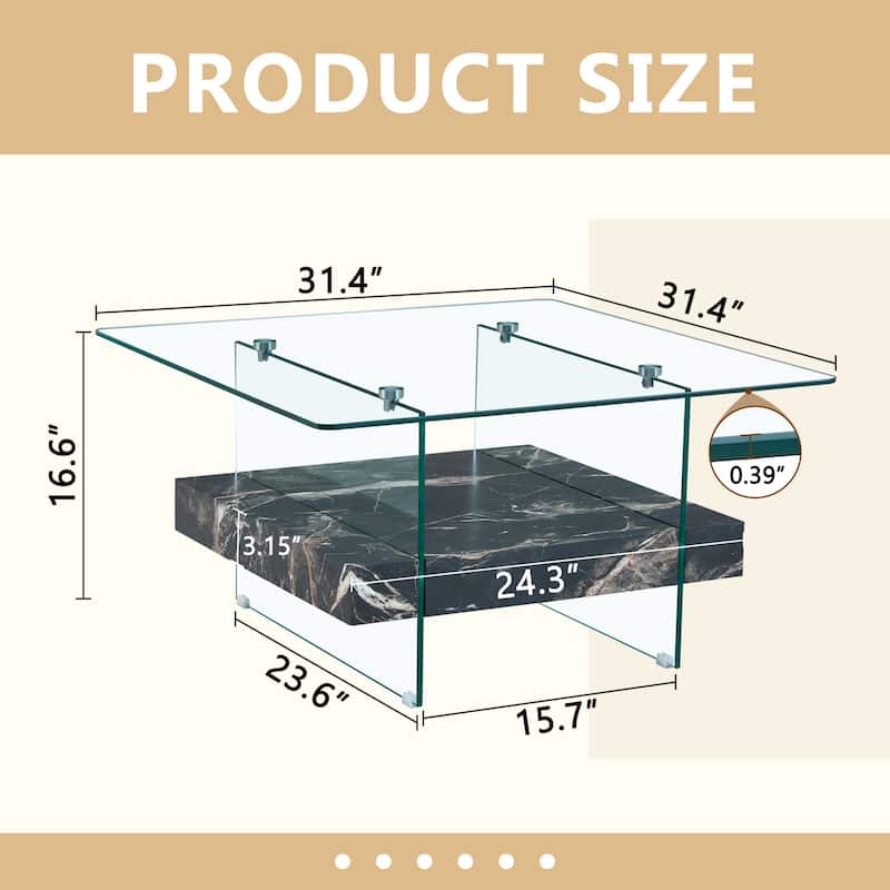 Roomfitters Square Glass Coffee Table with Walnut Finish, Two-Tier Modern Accent Table for Compact Spaces