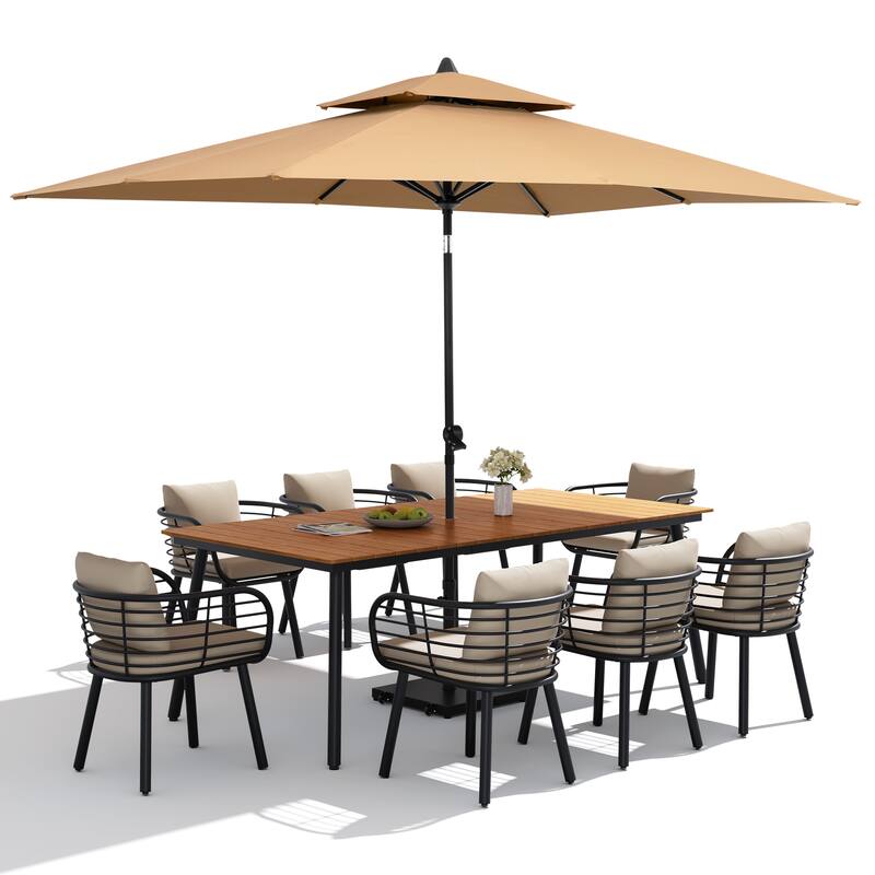 11PC Outdoor Patio Dining Set Aluminum Table with Sunbrella Cushion Chairs w/ Premium Market Umbrella Sets