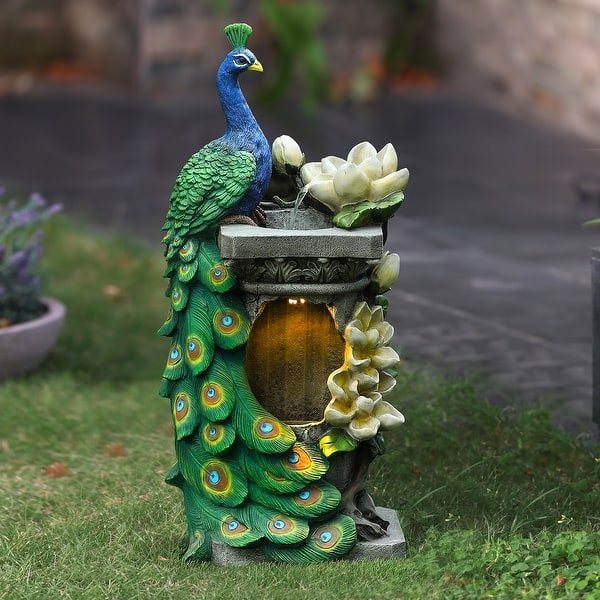 slide 2 of 19, Resin Blue and Green Peacock Outdoor Fountain with LED Light - 31.69" H