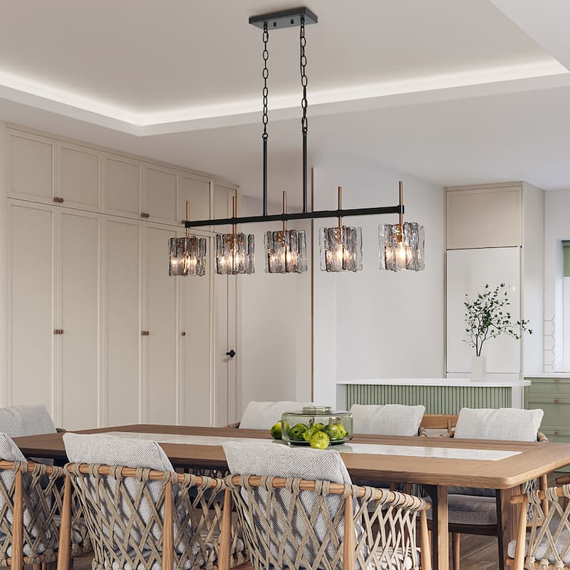 Kasy Modern 5-Light Linear Chandelier Textured Glass Kitchen Island Light Art Deco