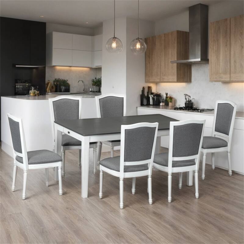 7 Piece Extendable Dining Table Set with 6 Upholstered Dining Chairs and 2 Built-in Drawers