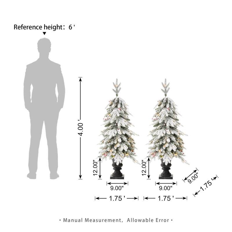 Glitzhome Artificial Christmas 5-Piece Set, 4ft Snow Flocked Artificial Potted Trees, Pinecone Berry Wreath and Teardrops