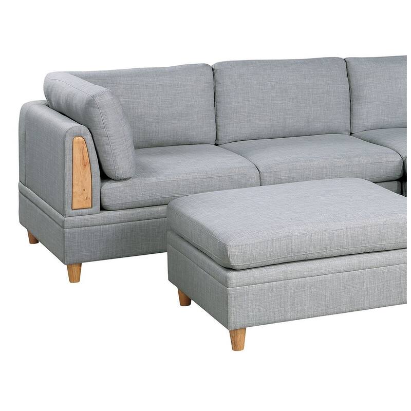 5pc Modular Sofa Set, Light Grey Fabric, 2 Corner Wedges, 1 Armless Chair, 2 Ottomans