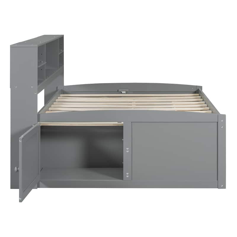 Full Size Wood Daybed with 2 Bedside Cabinets, Upper Shelves and 4 Drawers, Gray