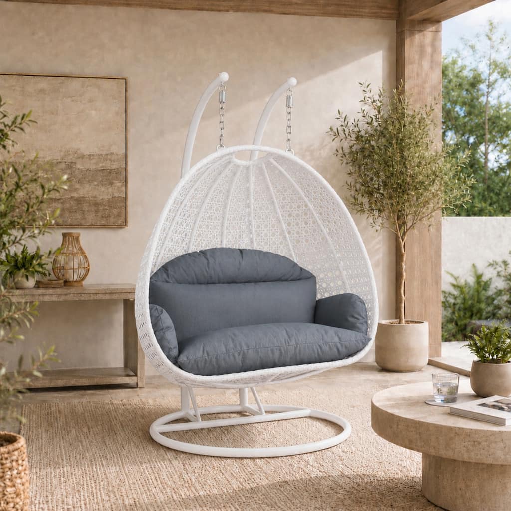 Egg Shaped Swing Chair Stand 2 Person Outdoor Patio Swing - Iron Frame All Weather Washable Cushions Hanging Basket Hammock