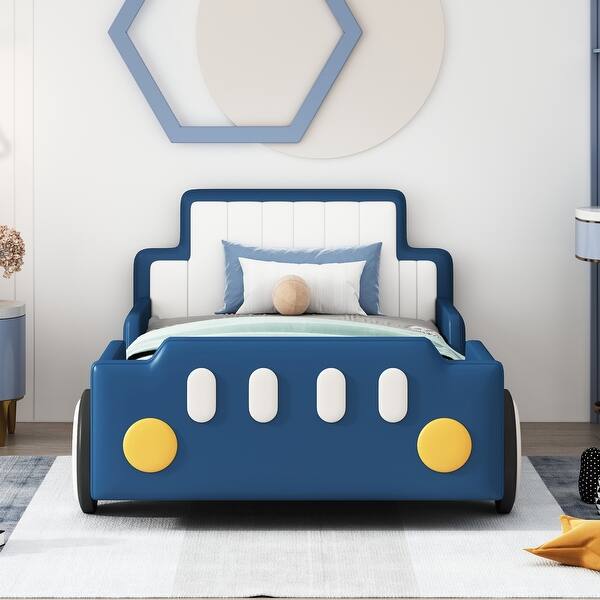 slide 2 of 7, Twin Size Race Car-Shaped Platform Bed with Wheels Blue