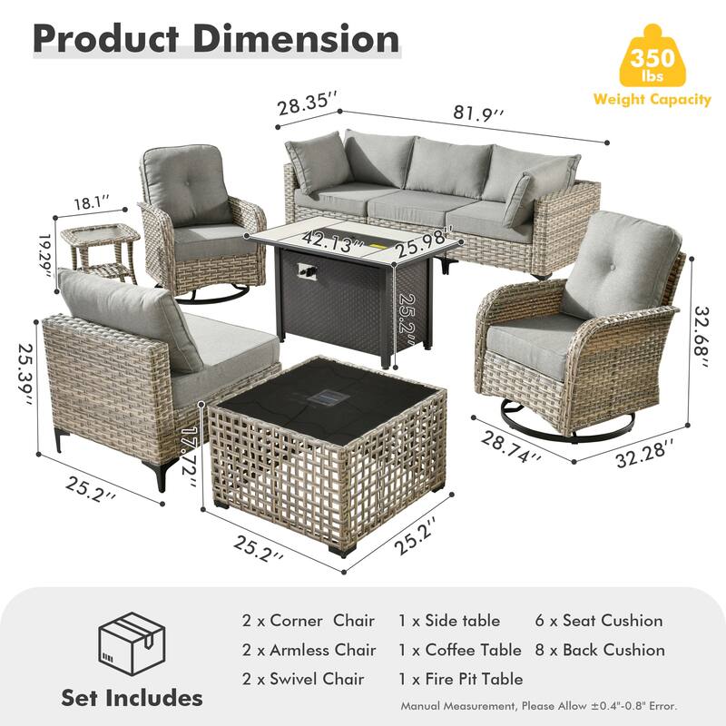 HOOOWOOO 9-piece Wicker Outdoor Furniture Patio Sofa Swivel Chair Set with Fire Pit Table