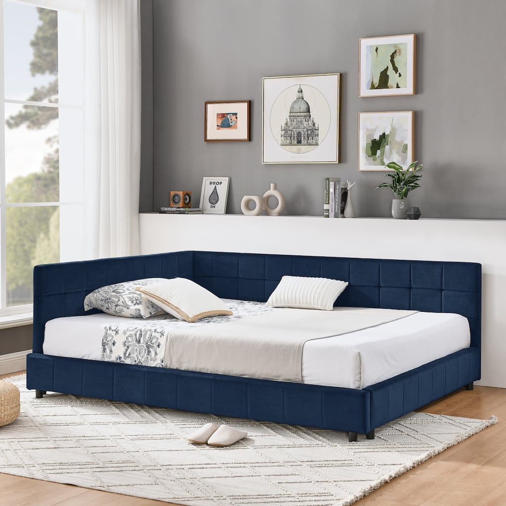 Full Size Velvet Upholstered Tufted Daybed with Backrest and Armrests, Dark Blue