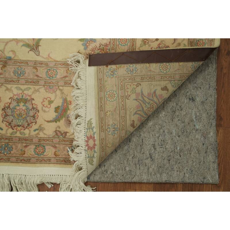 Hand Knotted Oriental Wool & Silk Carpet Traditional All-Over Beige & Ivories Tabriz Area Rug - 9' 9'' X 6' 8''