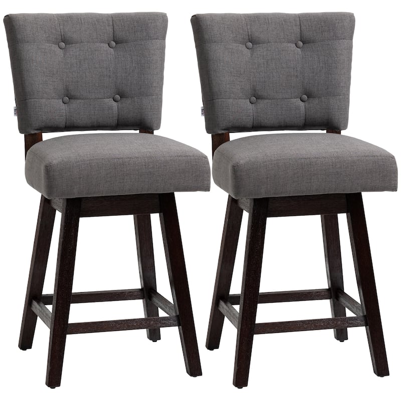 HOMCOM Swivel Bar Stools Set of 2, Fabric Tufted Counter Height Bar Stools with Rubber Wood Legs and Footrest for Dining Room