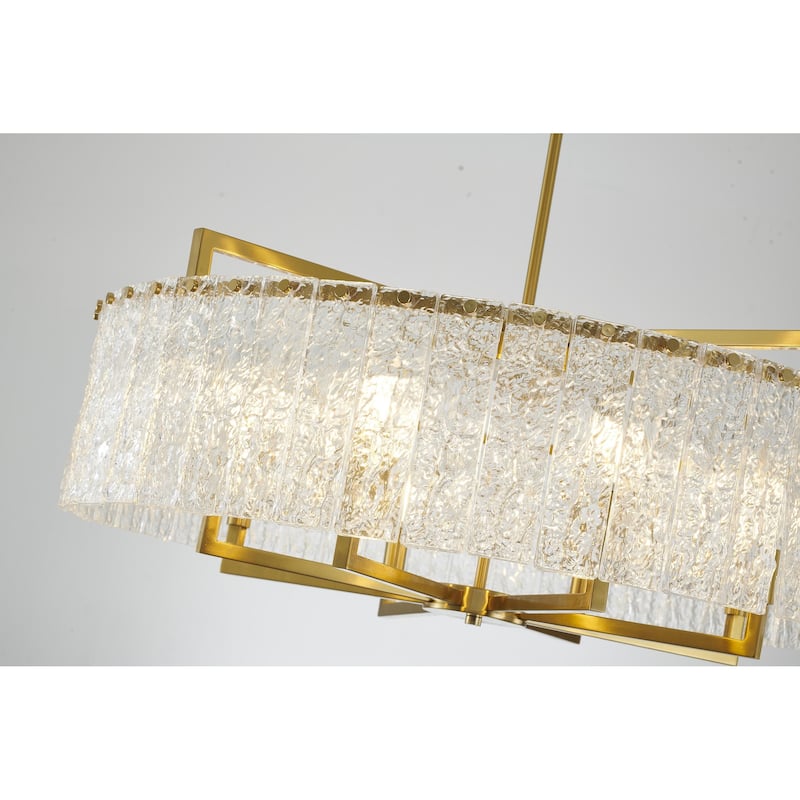 8-Light Brass Chandelier With Clear Rippled Glass