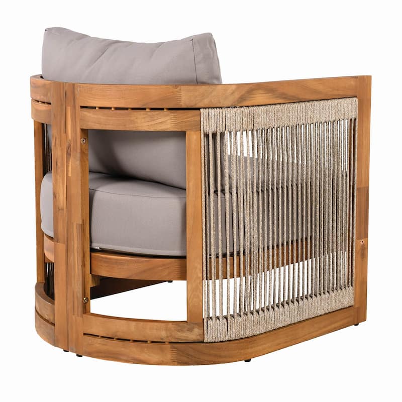 Set of 2 Outdoor Wood Curved Club Chairs with Woven Rope and Cushions