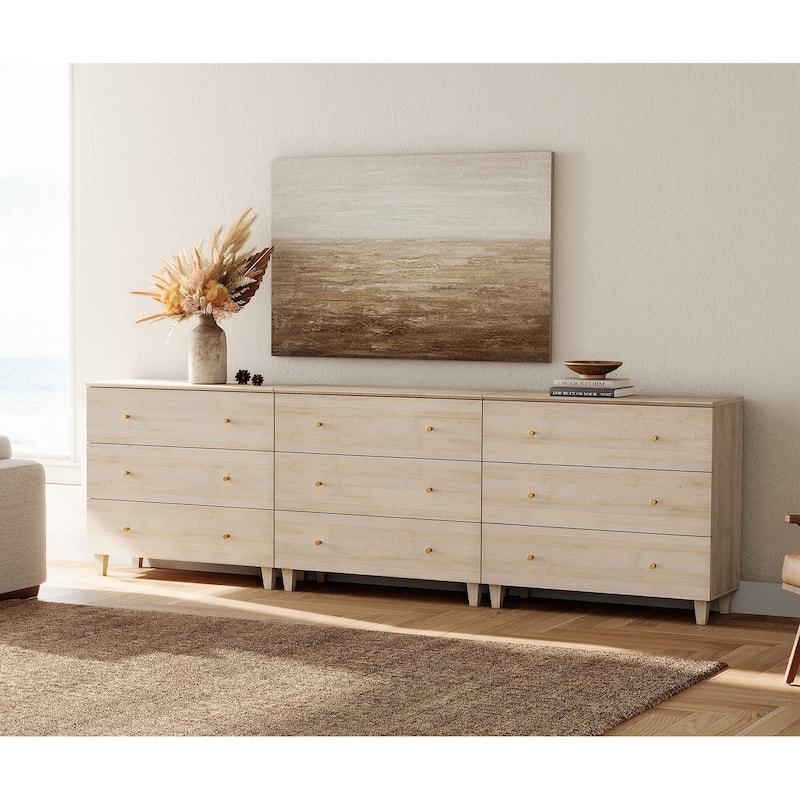 WAMPAT Dresser with 3 Drawers, 35.4" Wide Chest of Drawer for Bedroom - Biscotti - 9-drawer
