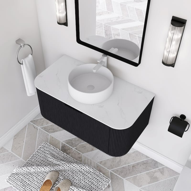 Wall-Mounted Bathroom Vanity with White Round Ceramic Sink