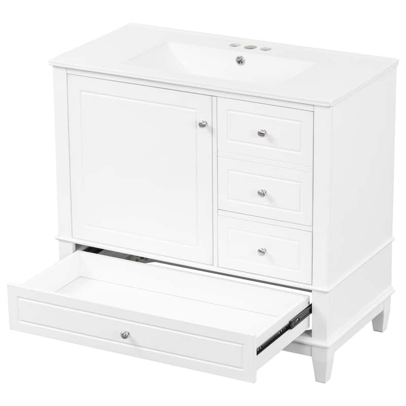 36"Bathroom Vanity with Ceramic Sink, 3 Drawers & Cabinet with Shelves, Freestanding Vanity Cabinet with 4-Inch Faucet Holes