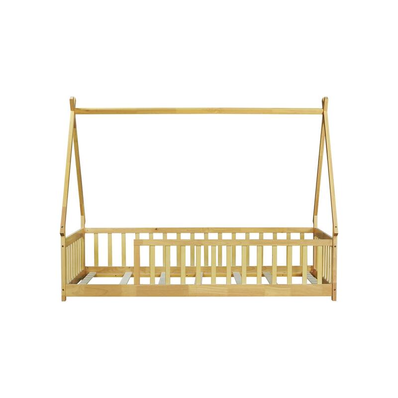 Twin Tent-shaped Floor Bed,Teepee Bed with Guardrails