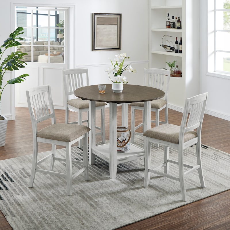 5 Piece Solid Wood Dining table Set, Kitchen Dining Furniture Set with Foldable Leaf Table and 4 Upholstered Chairs - Black White
