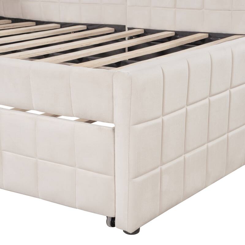 Full Size Daybed with Pull-Out Lift-Up Trundle, Upholstered Daybed Platform Bed with Stripes L-Shaped Backrest and Wood Slats
